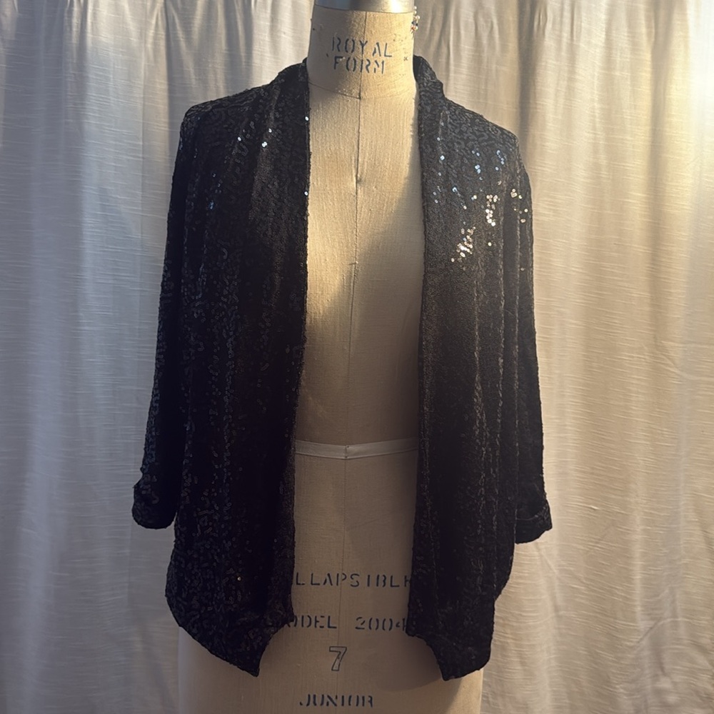 Black Sequin Open Front Cardigan